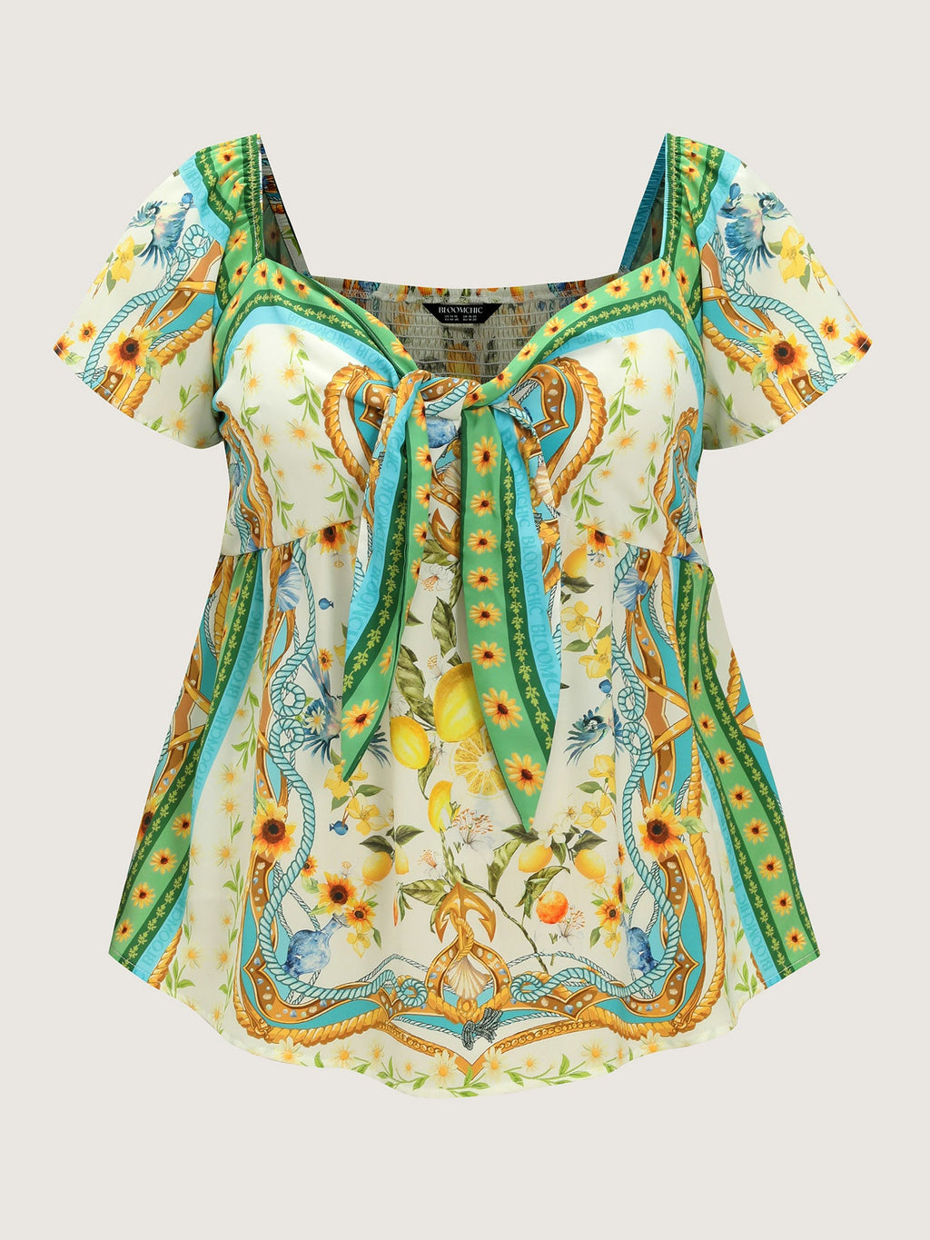 Lemon Print Color Contrast Knotted Front Top