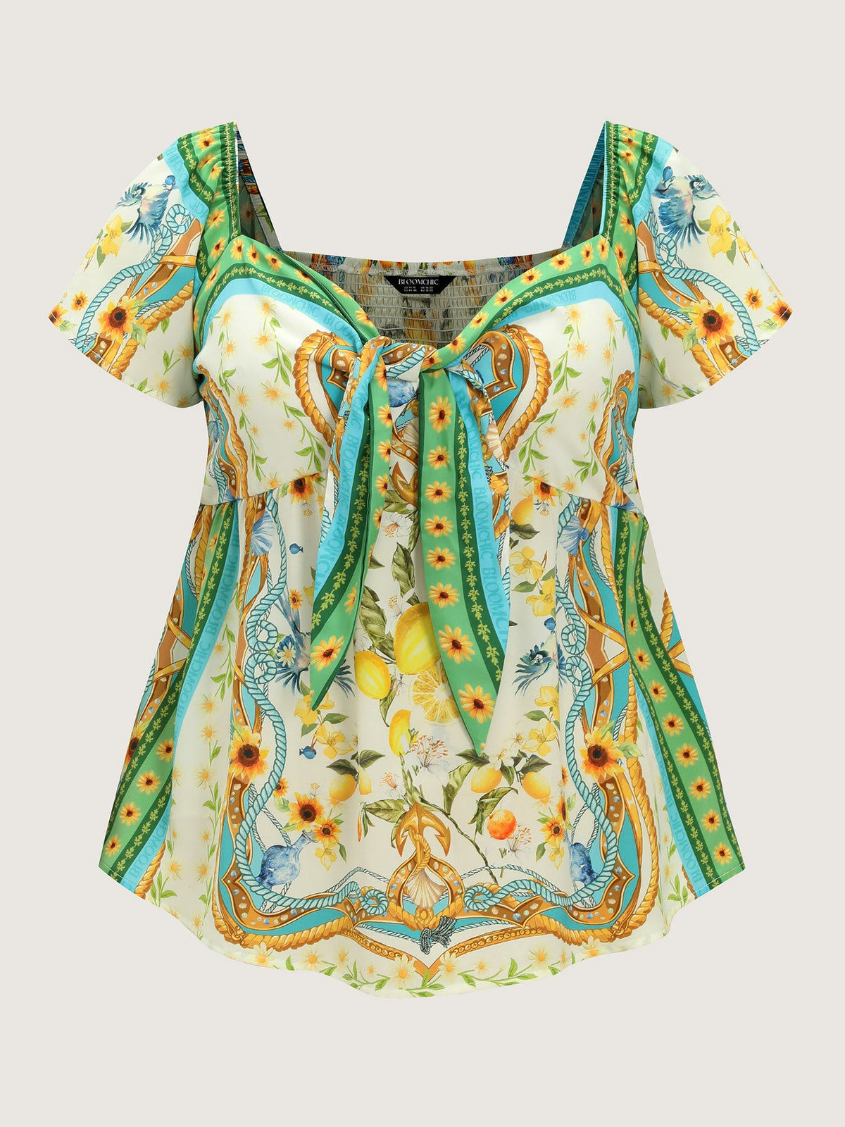 Lemon Print Color Contrast Knotted Front Top
