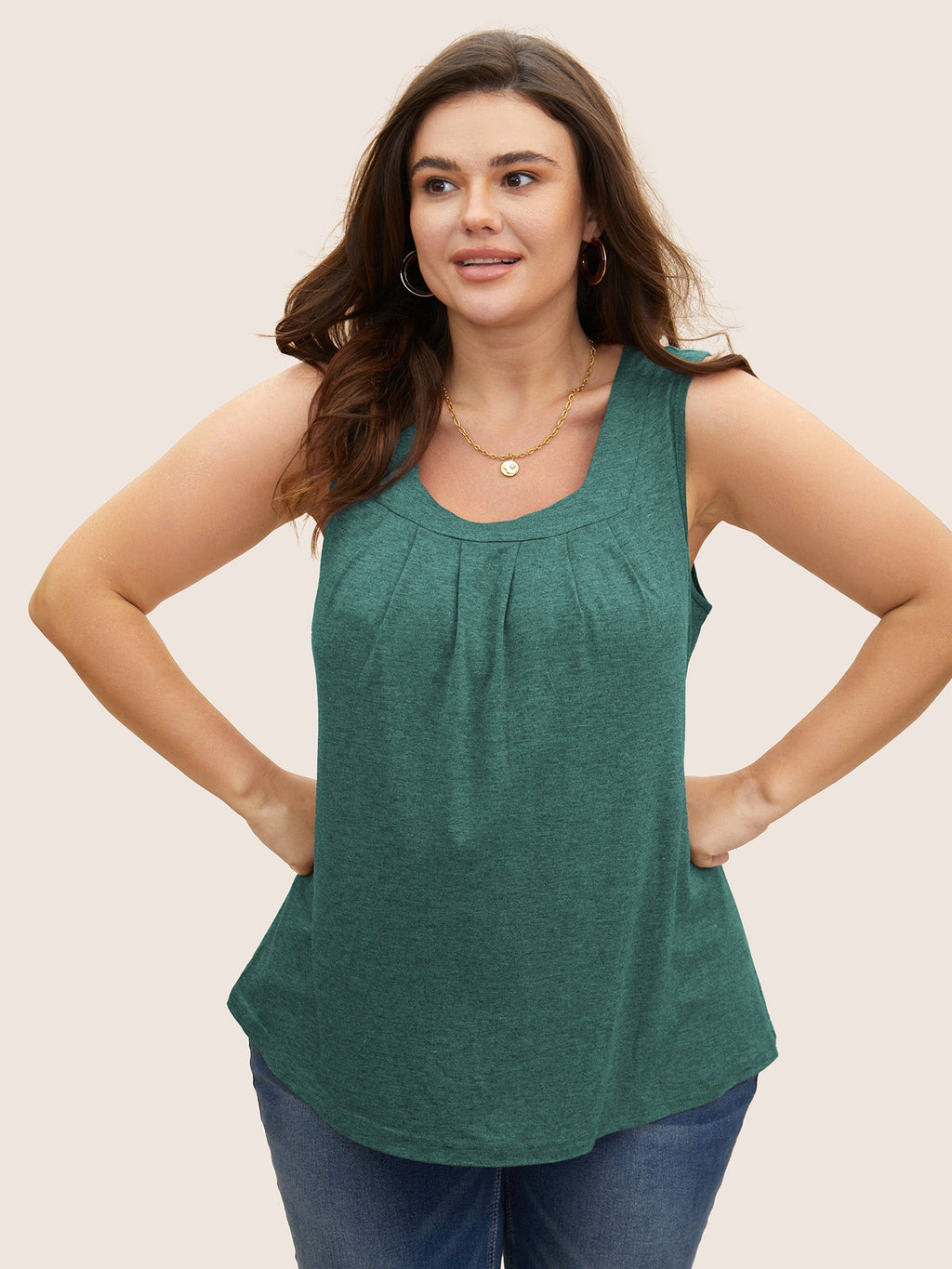 Heather Plicated Detail Square Neck Tank Top