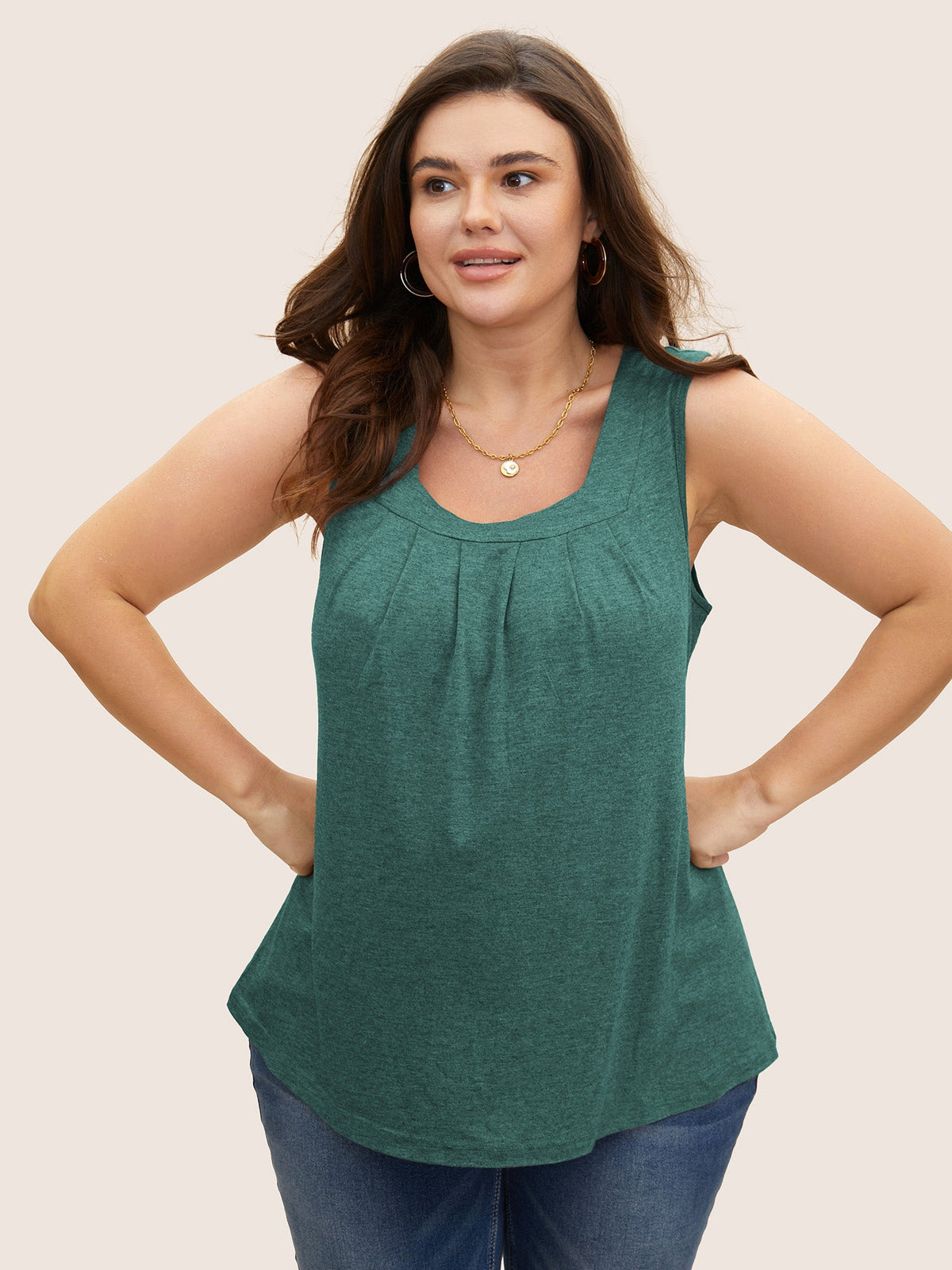 Heather Plicated Detail Square Neck Tank Top