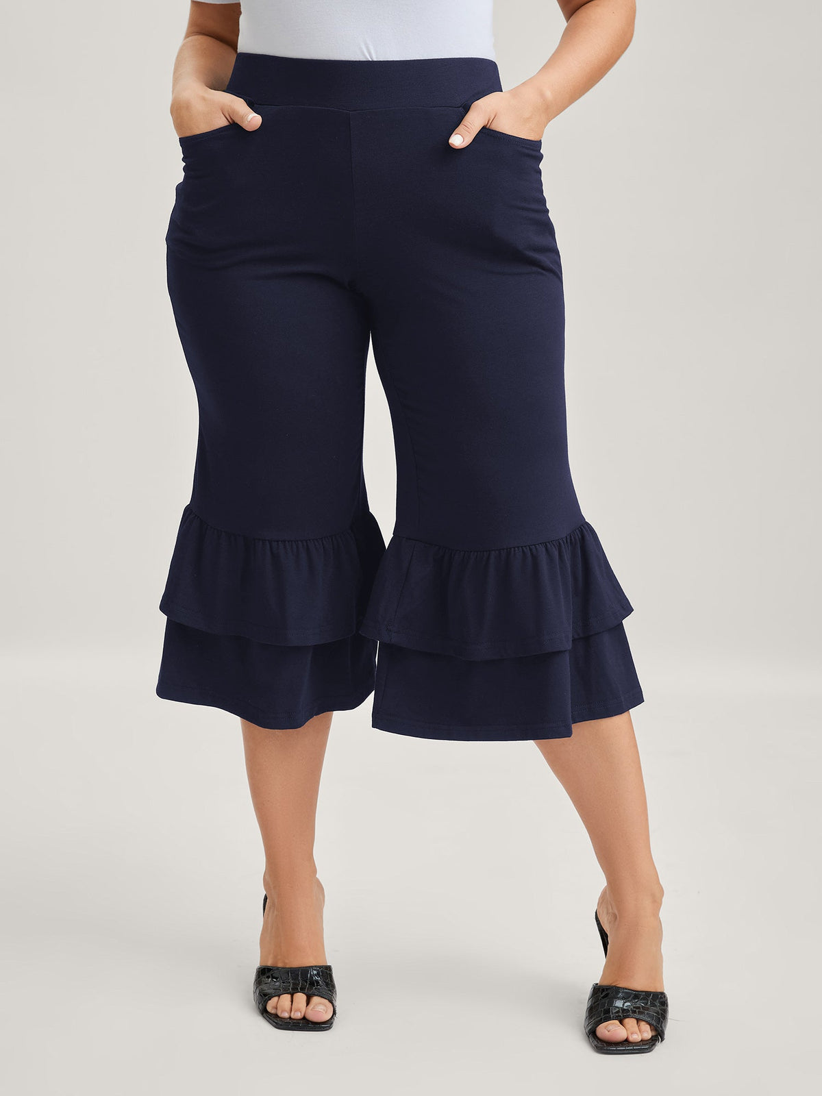 Layered Ruffled Flare Hem Capri Pants