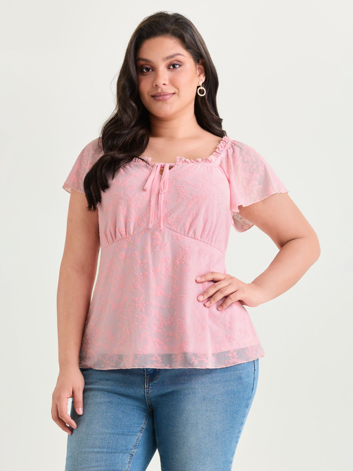 Flocked Floral Drawstring Neckline Knit Top