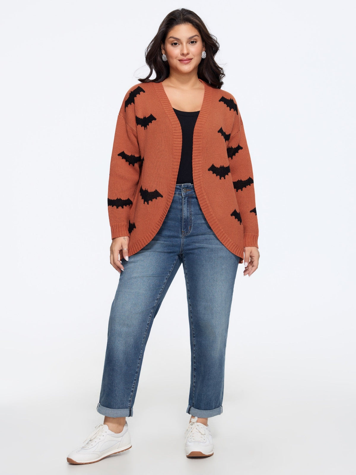 Bat Jacquard Arc Hem Open Front Cardigan
