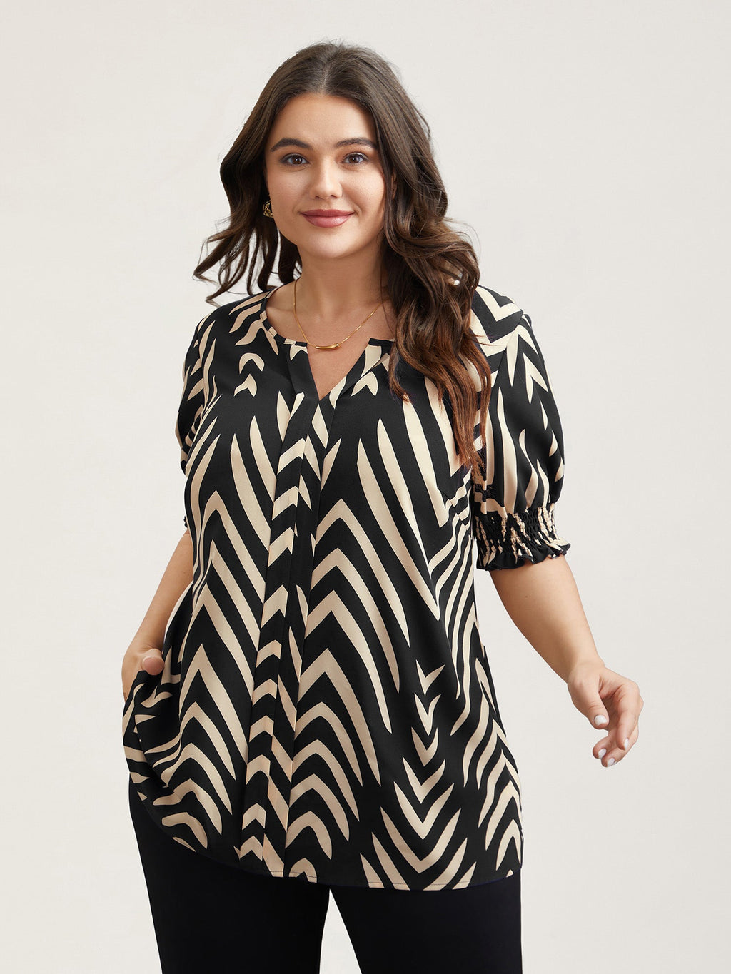 Geometric Print Ruffled Shirred Blouse
