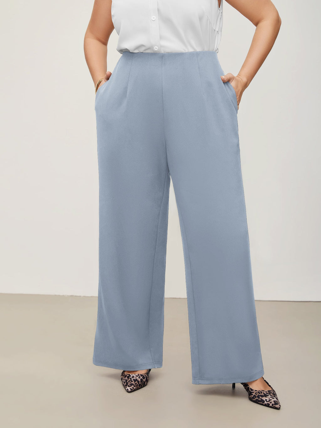 Solid Elastic Waist Pleated Wide Leg Pants