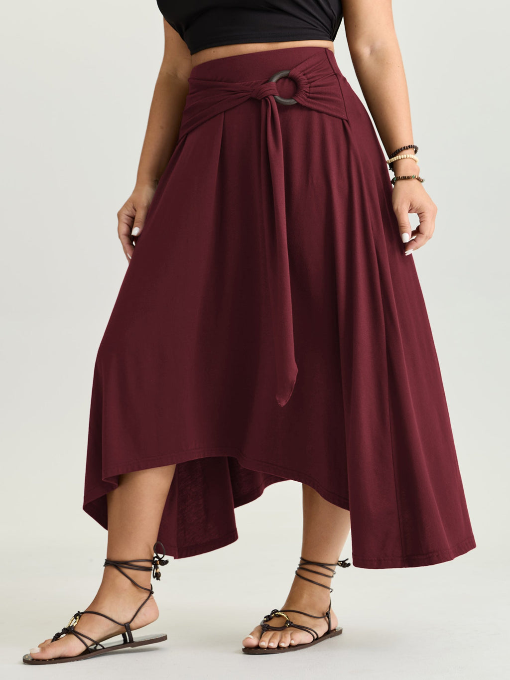 Supersoft Ring Detail Tie Asymmetrical Hem Midi Skirt