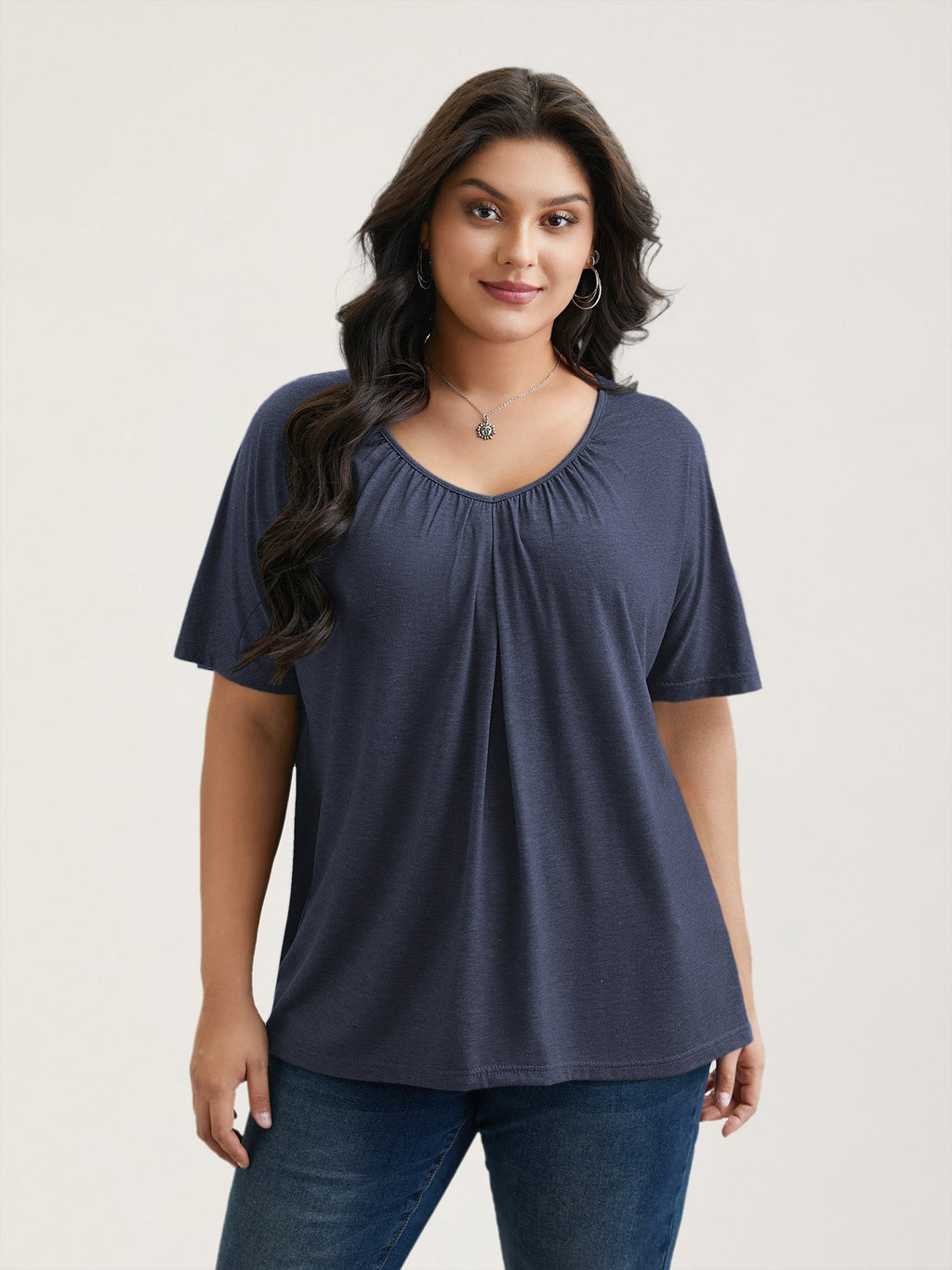 Pleated Plain Half-Sleeve Knit Top