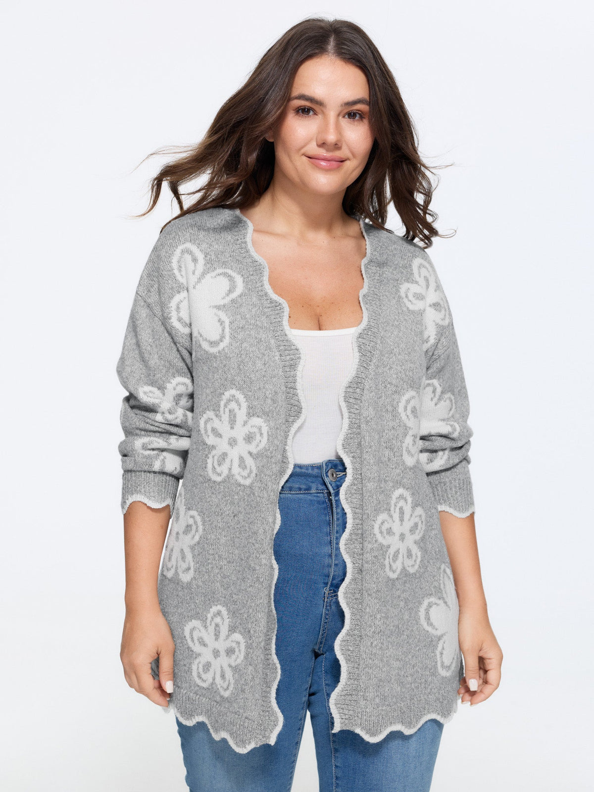 Floral Pattern Scalloped Hem Knit Cardian