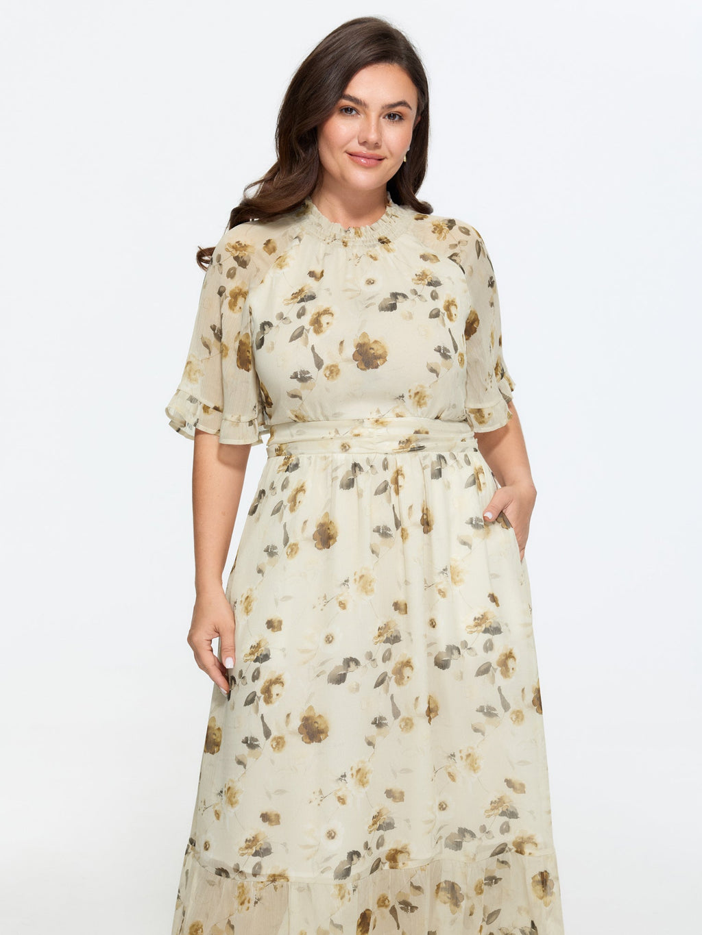 Floral Print Pockets Shirred Mock Neck Maxi Dress