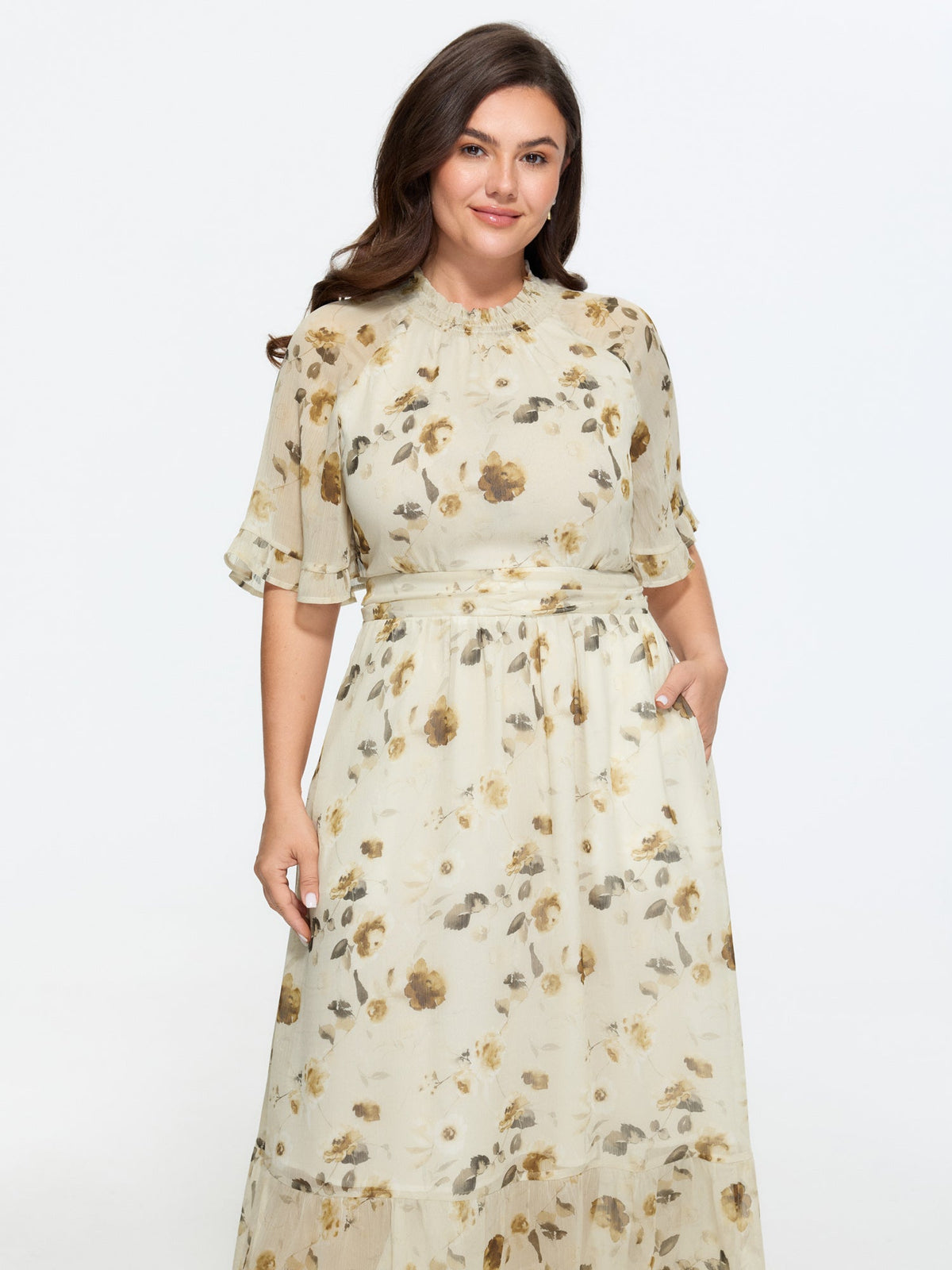 Floral Print Pockets Shirred Mock Neck Maxi Dress