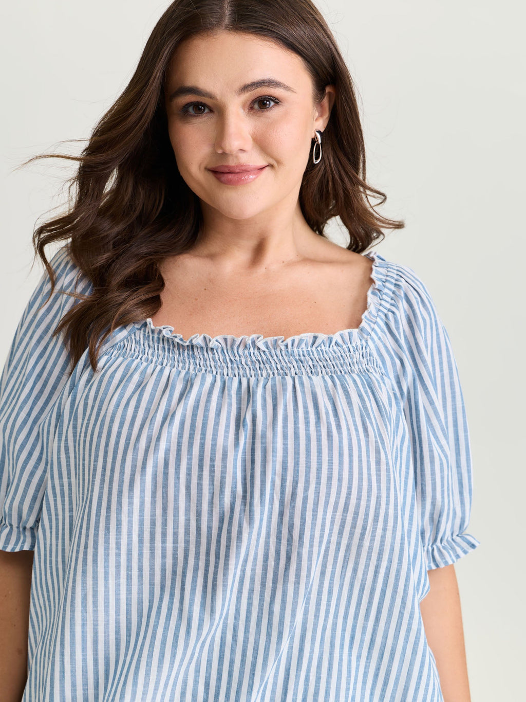 Cotton Striped Shirred Bust-Friendly Neckline Blouse