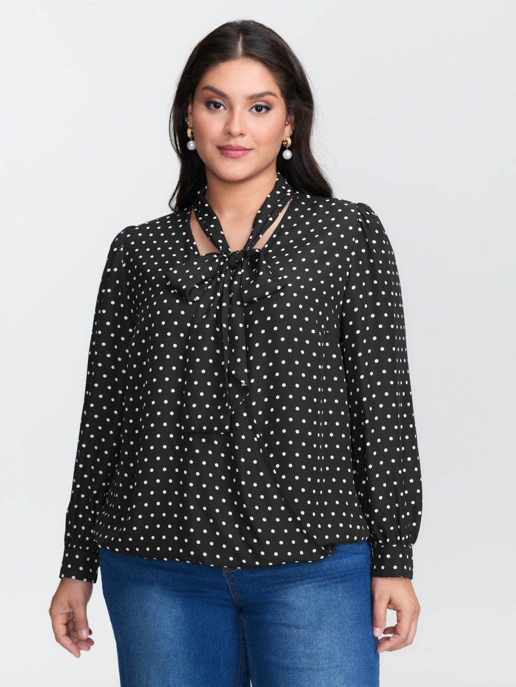Retro Polka Dots Ribbon Neckline Blouse