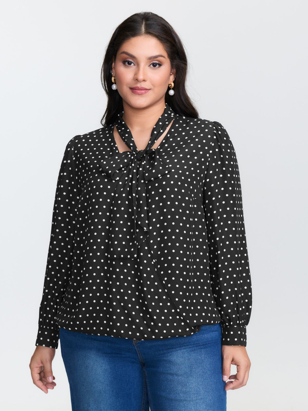 Retro Polka Dots Ribbon Neckline Blouse