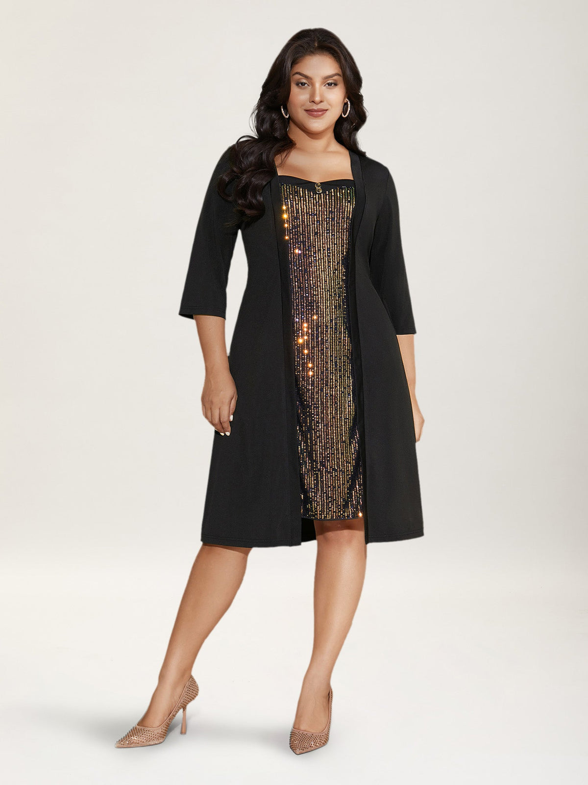 Heart Neckline Patchwork Sequin Button Detail Dress
