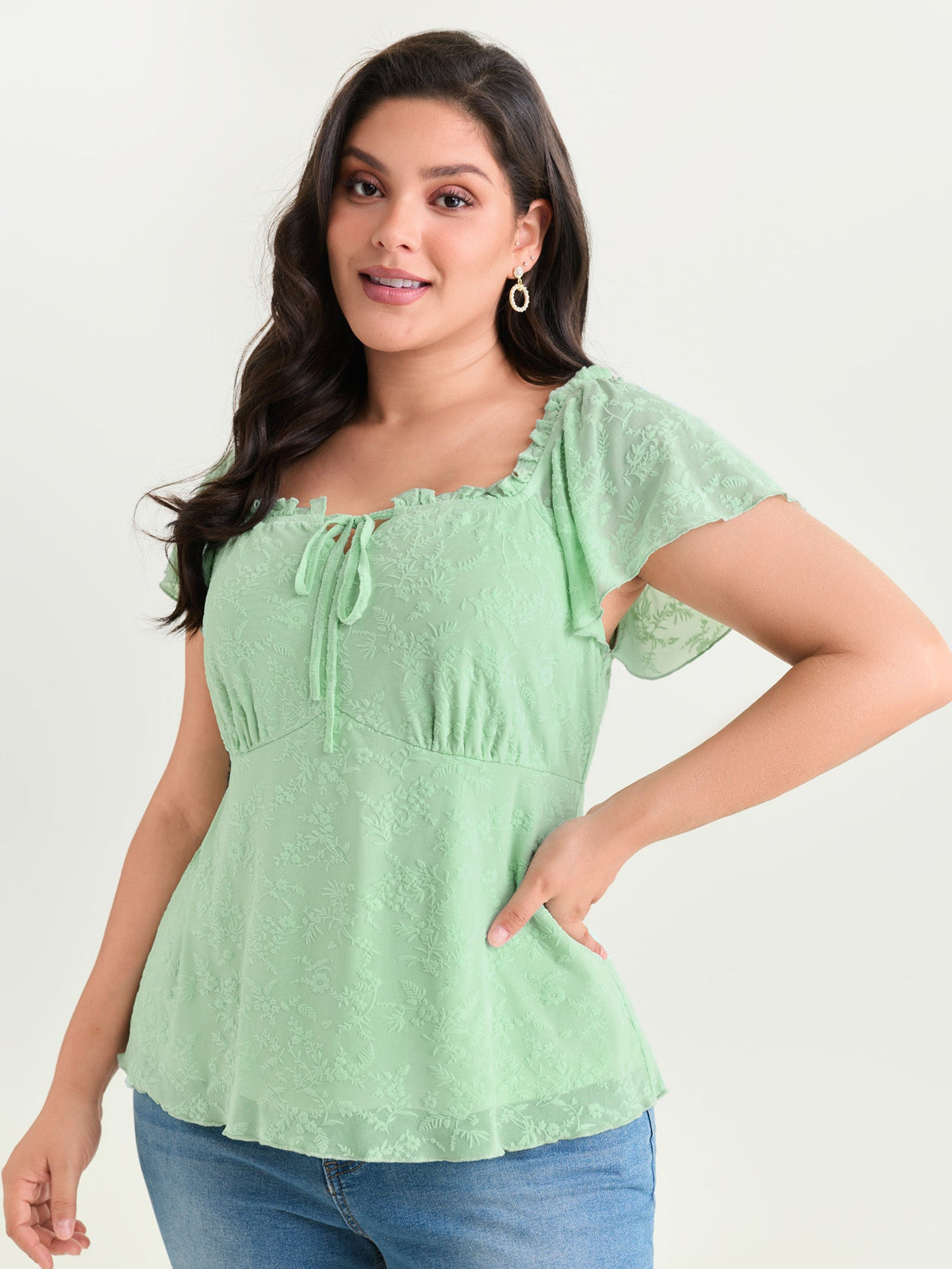 Flocked Floral Drawstring Neckline Knit Top
