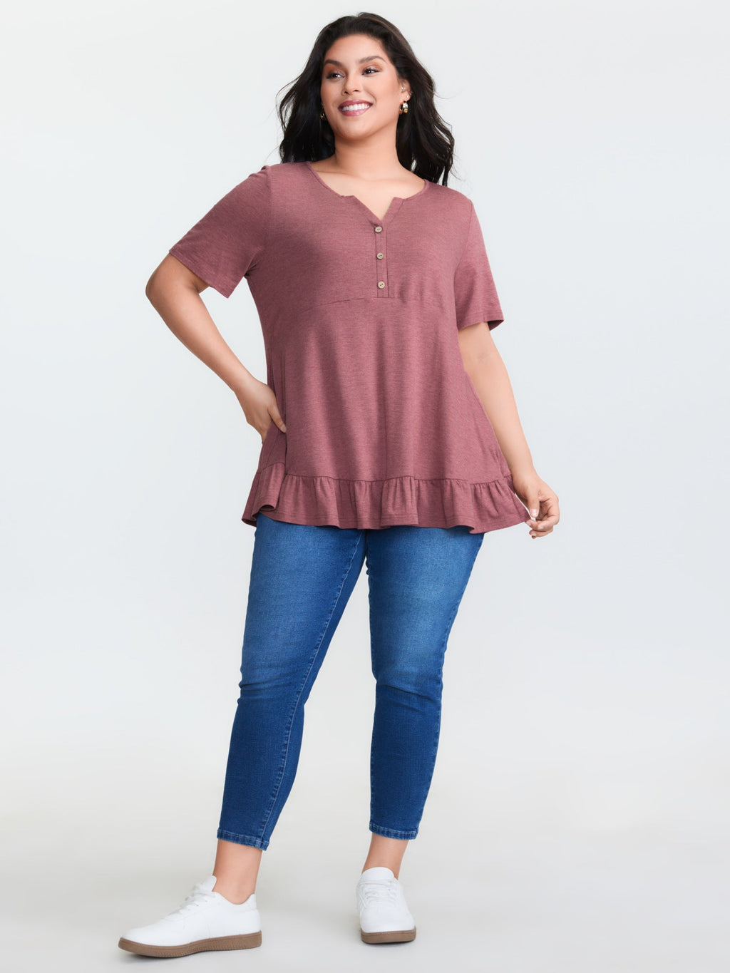 Supersoft Stretchy Ruffled Hemline Button T-Shirt
