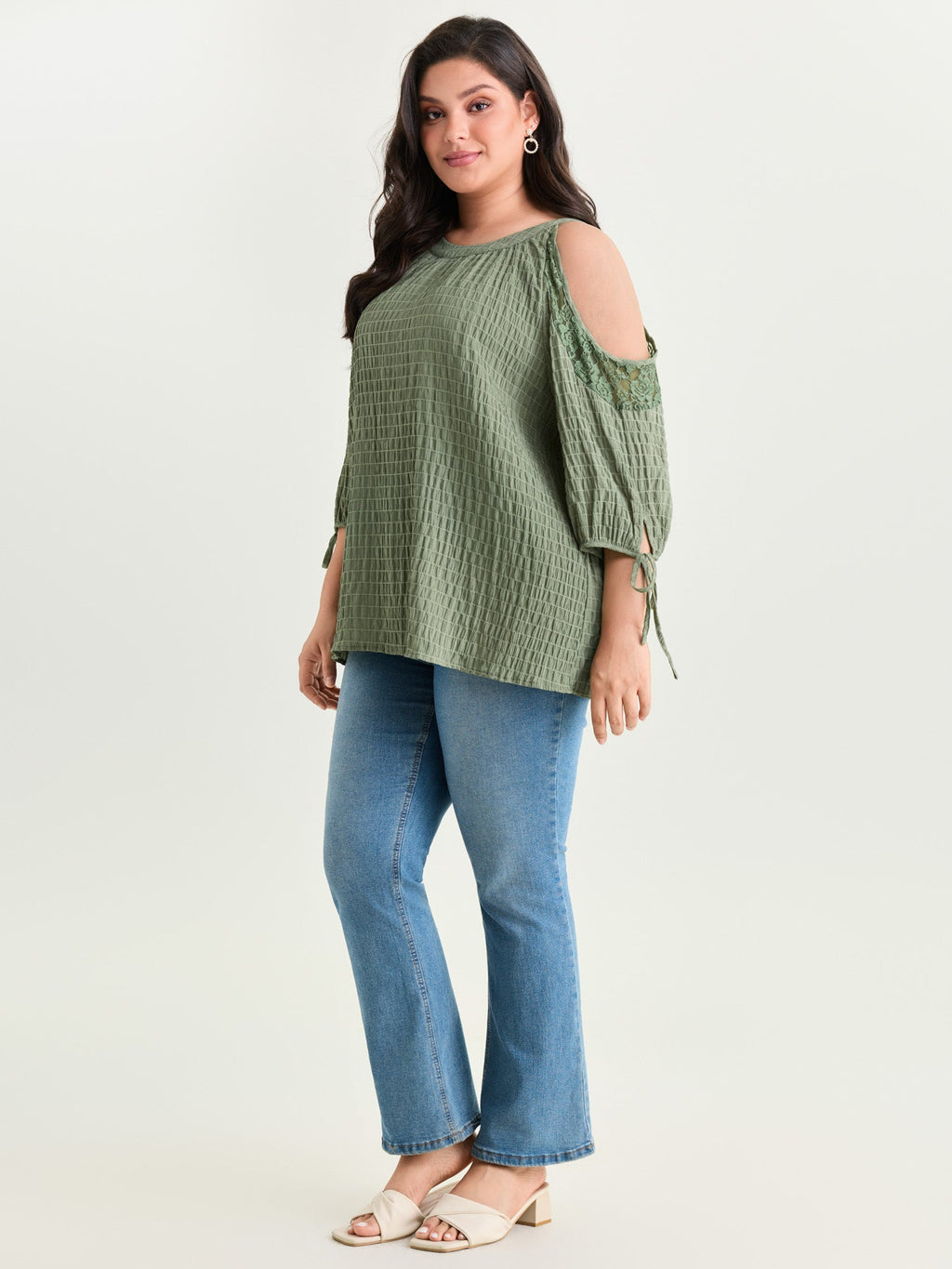 Shoulder Cut-Out Textured Back-Tie Blouse