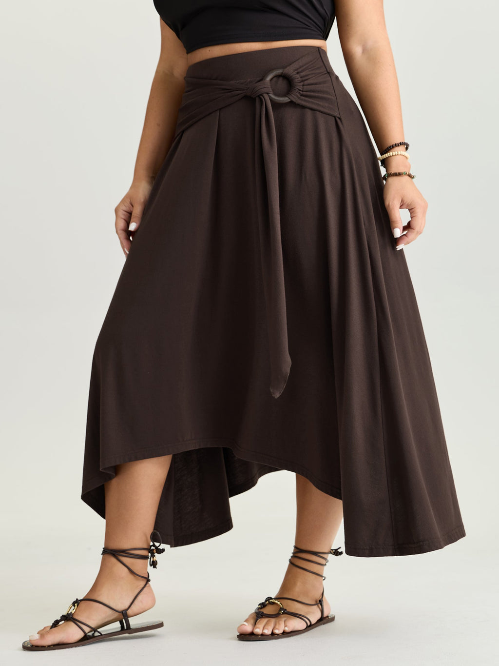 Supersoft Ring Detail Tie Asymmetrical Hem Midi Skirt