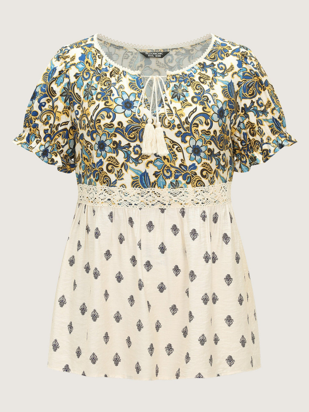 Floral Print Lace Neckline Flowy Blouse