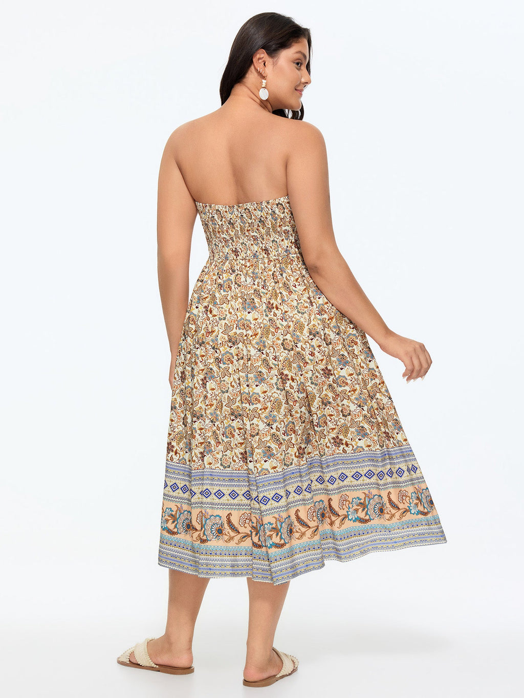 Floral Print Off-Sleeves Color Contrast Midi Dress