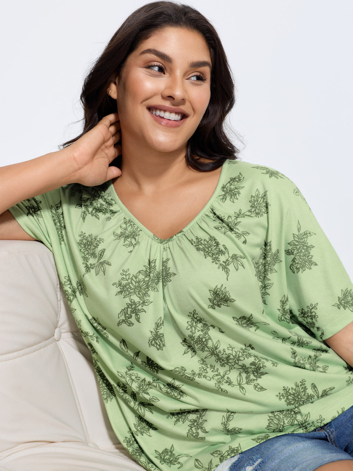 Pleated Plain Half-Sleeve Knit Top