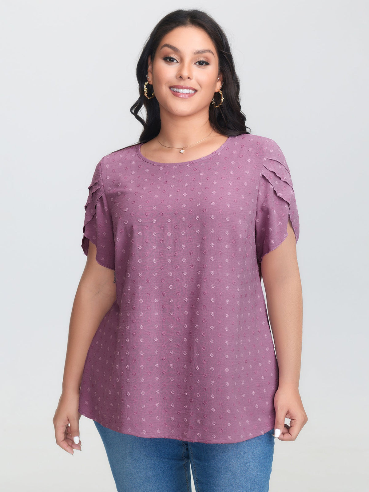 Textured Color Contrast Petal Sleeve Blouse
