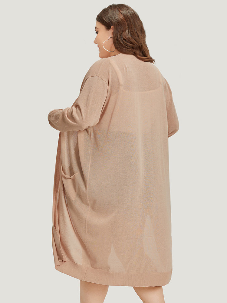 Solid Patched Pocket Open Front Breathable Maxi Cardigan