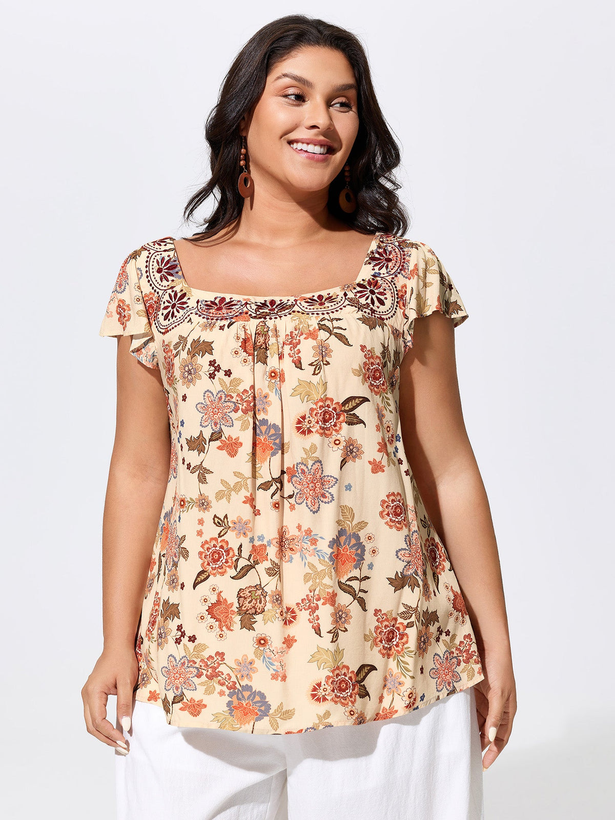 Floral Embroidered Square Neckline Flowy Blouse