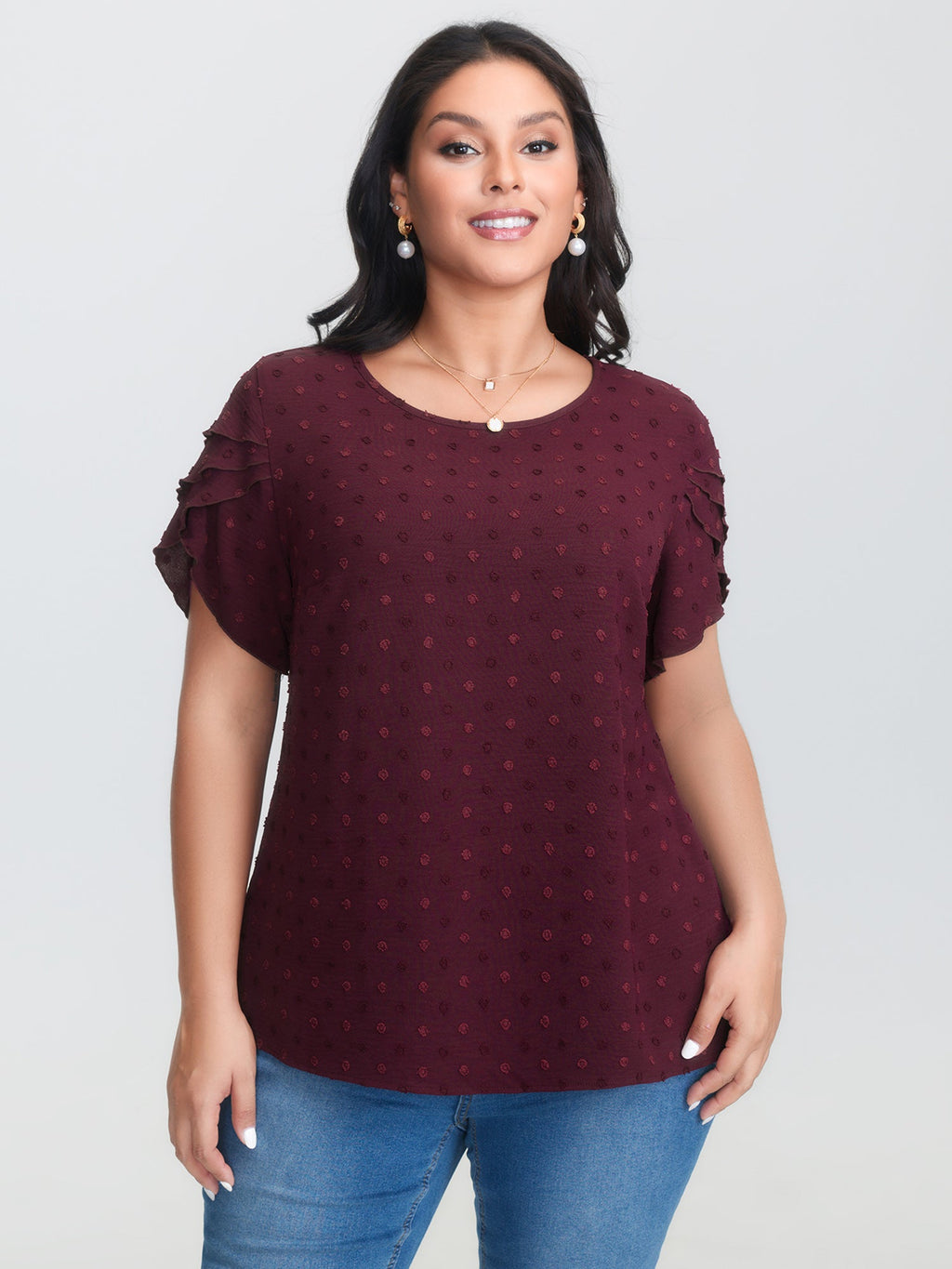 Textured Color Contrast Petal Sleeve Blouse