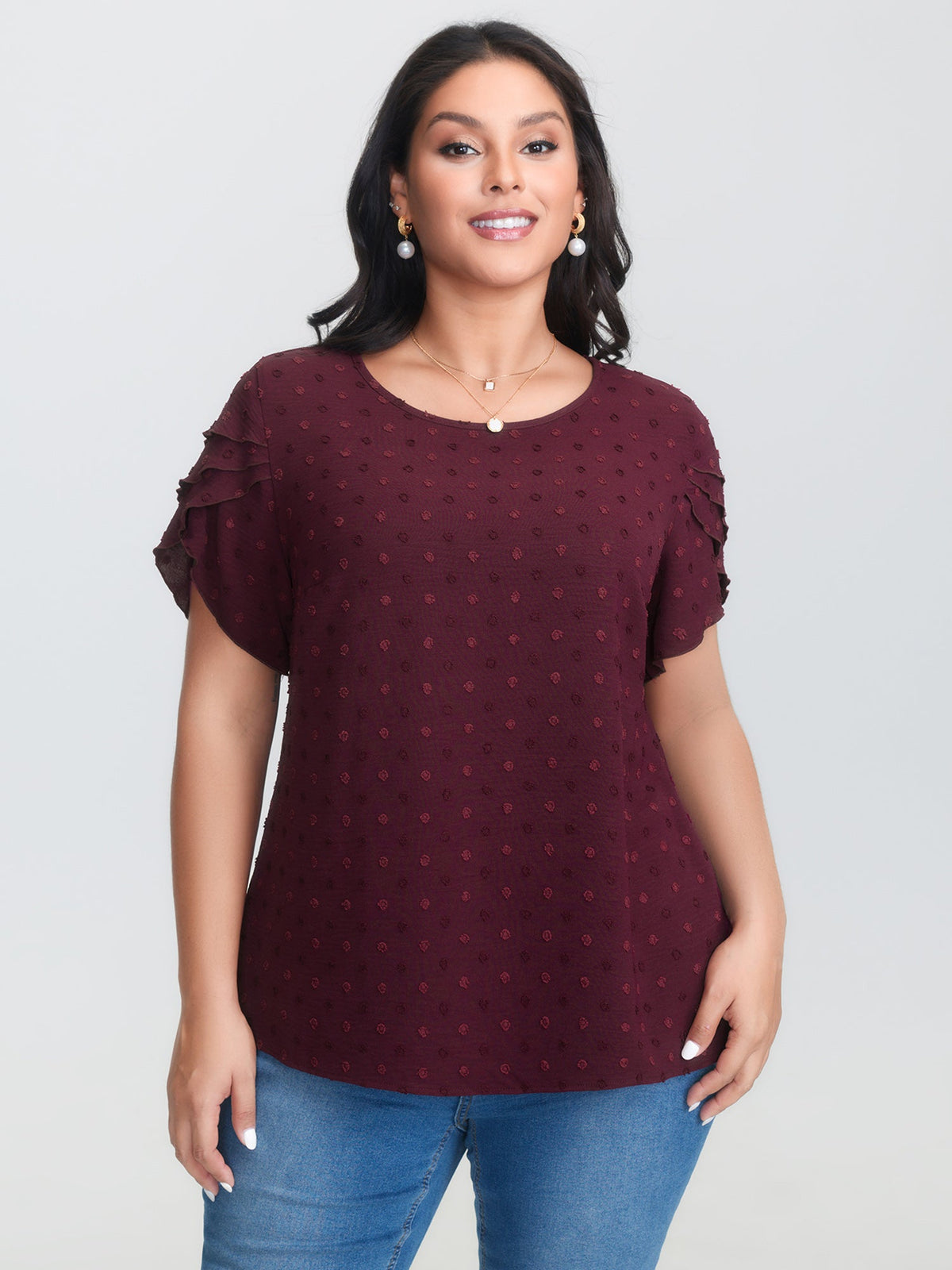 Textured Color Contrast Petal Sleeve Blouse