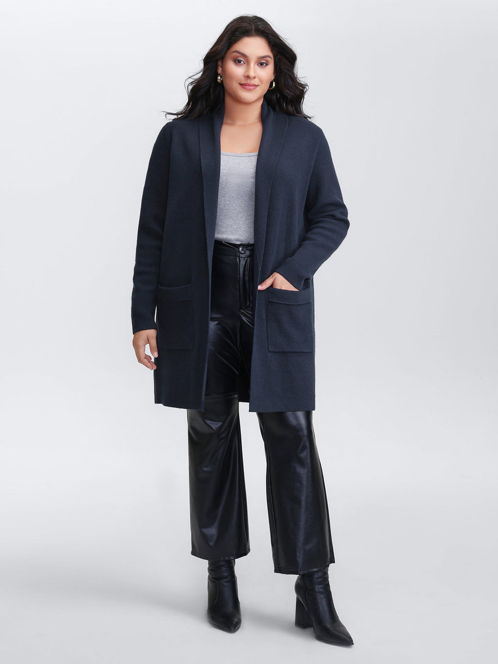 Supersoft Folded Collar Pockets Open-Front Knit Cardigan
