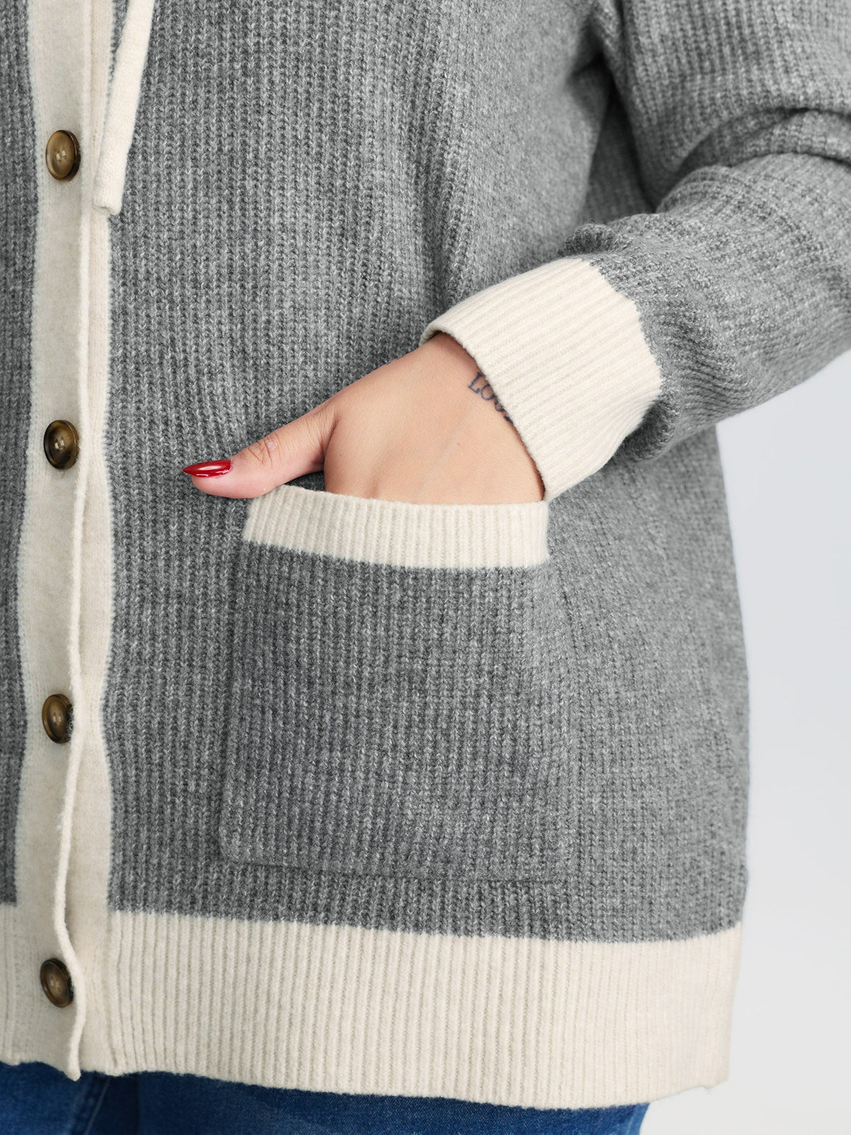 Hooded Colorblock Pockets Button Knit Cardigan