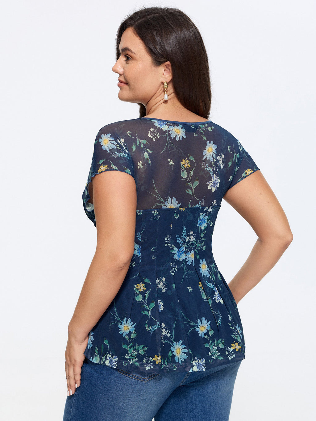 Stretchy Sheer Floral Mesh Pleated Top