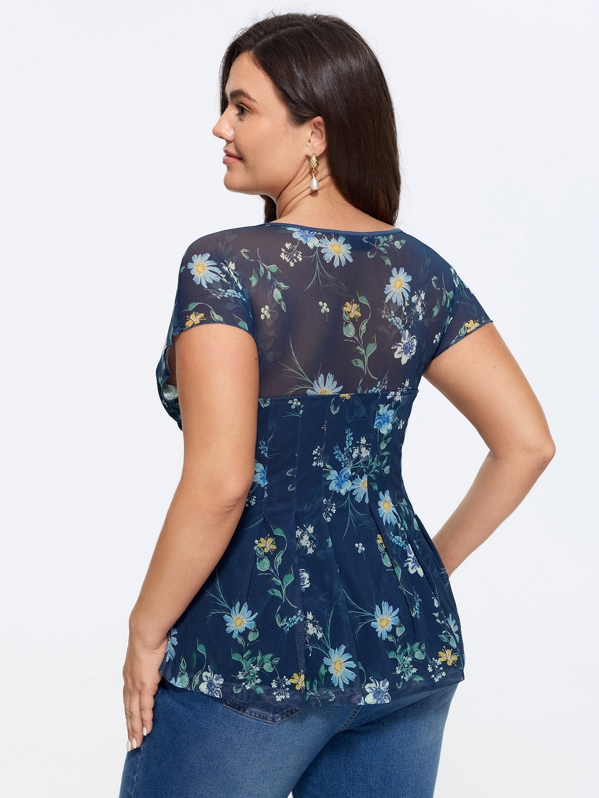 Stretchy Sheer Floral Mesh Pleated Top