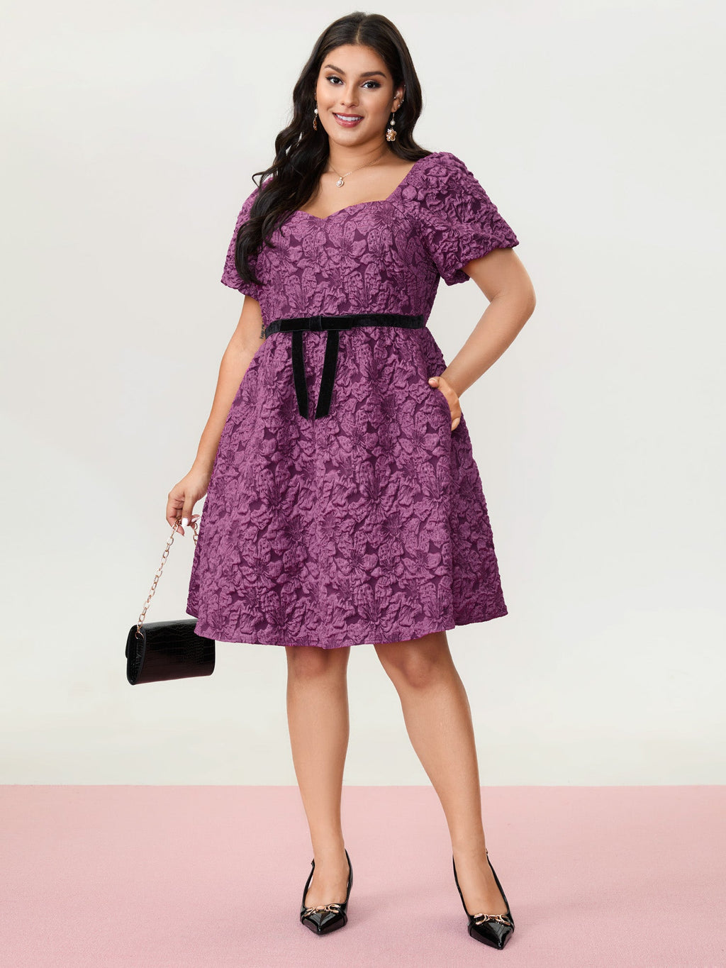 Jacquard Bow-Tie Shirred Mini Dress