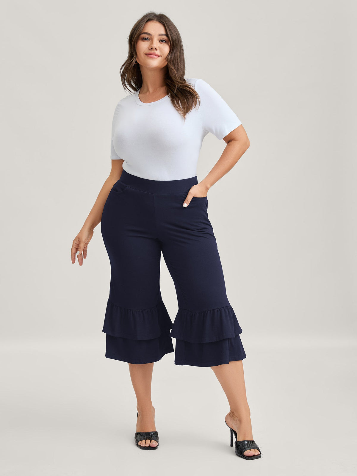 Layered Ruffled Flare Hem Capri Pants