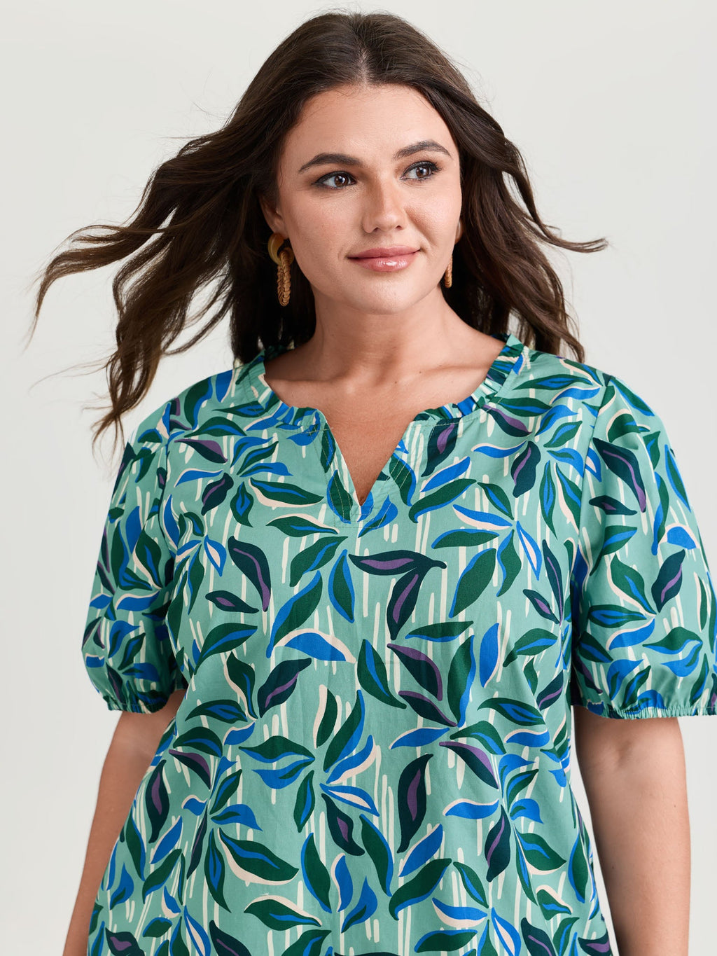 Cotton Tropical Leaf Print Irregular Sleeve Blouse