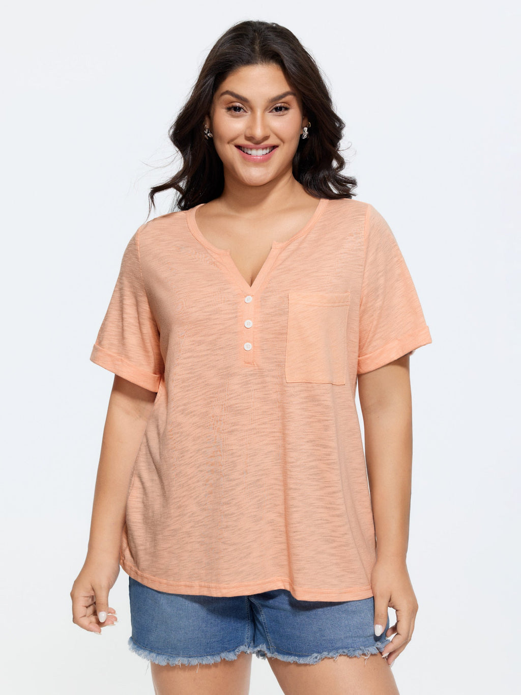 Solid Split Neck Button Detail T-Shirt