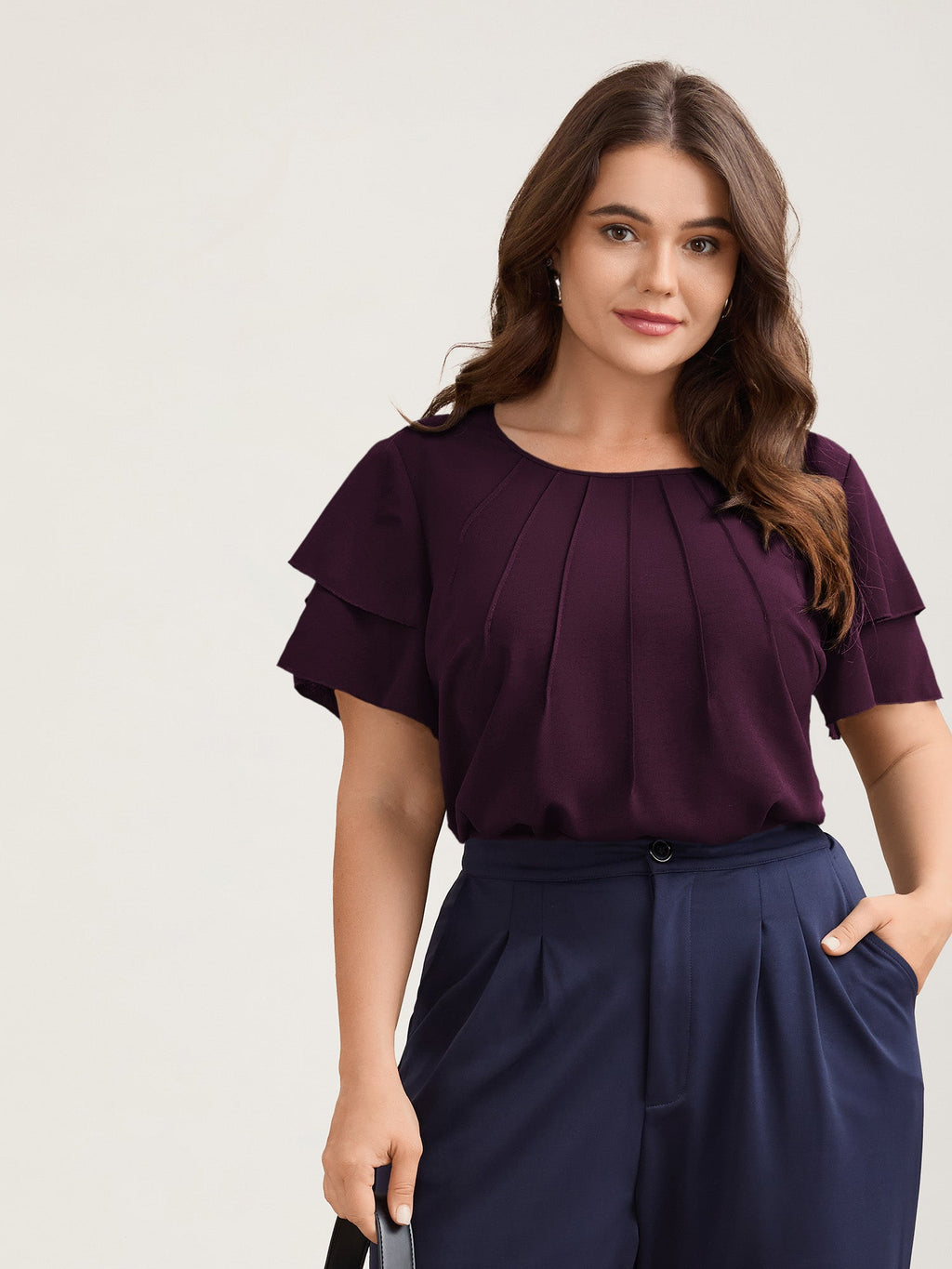 Toothpick Pleat Layered Flutter Sleeve Blouse