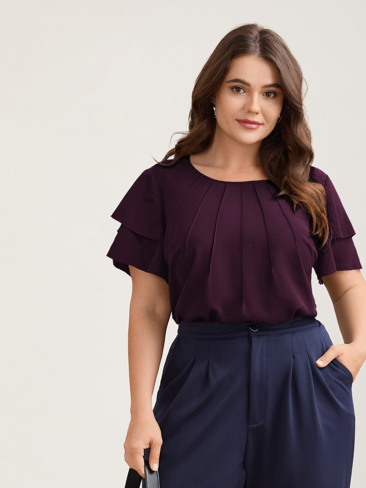 Toothpick Pleat Layered Flutter Sleeve Blouse