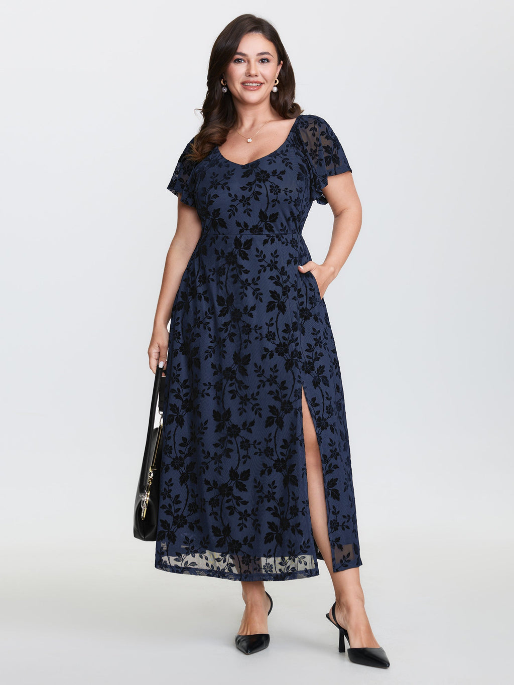 Floral Textured Jacquard Slit Hem Maxi Dress