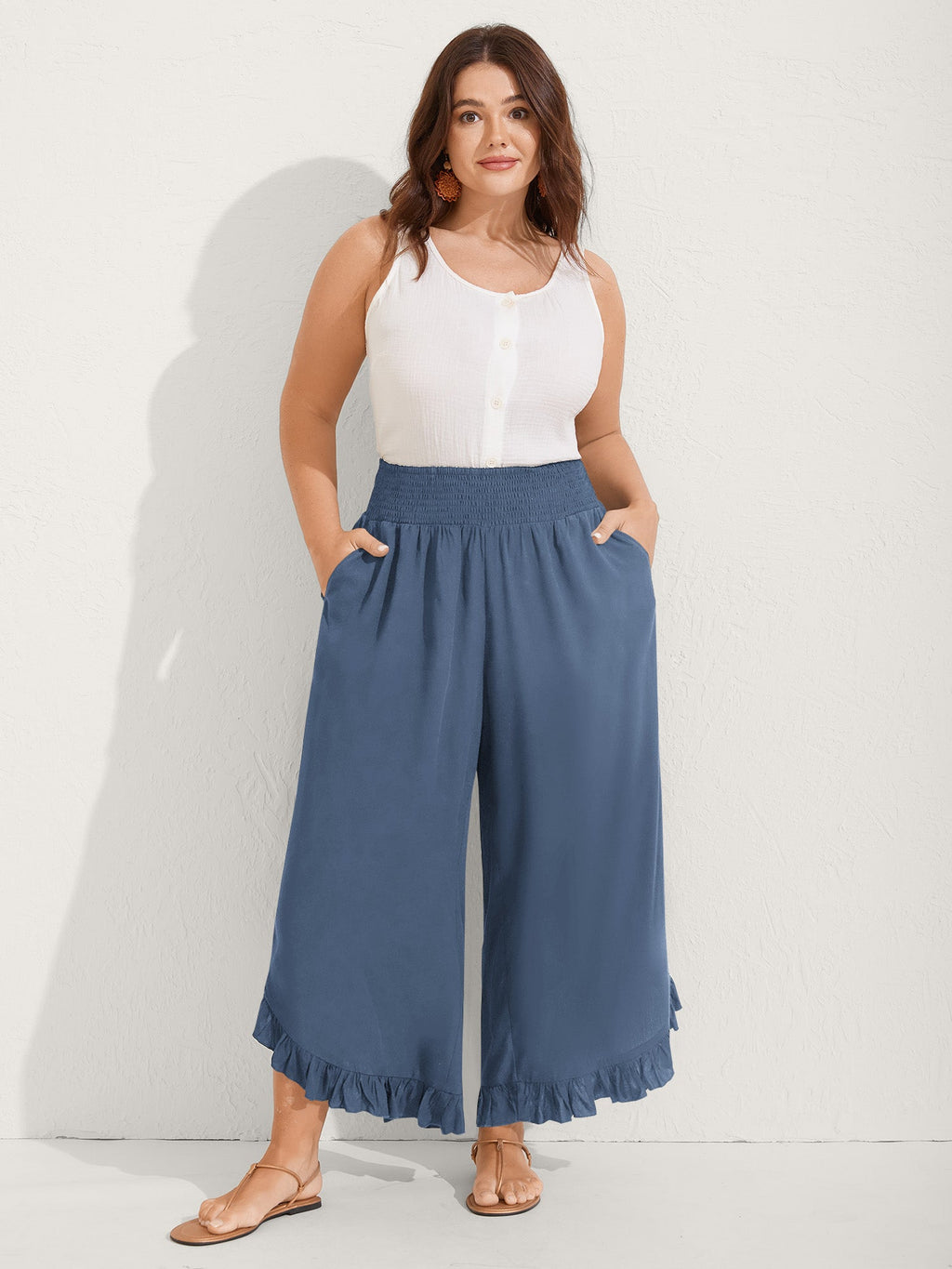 Ruffled Curvy Hem Wide-Leg Pants