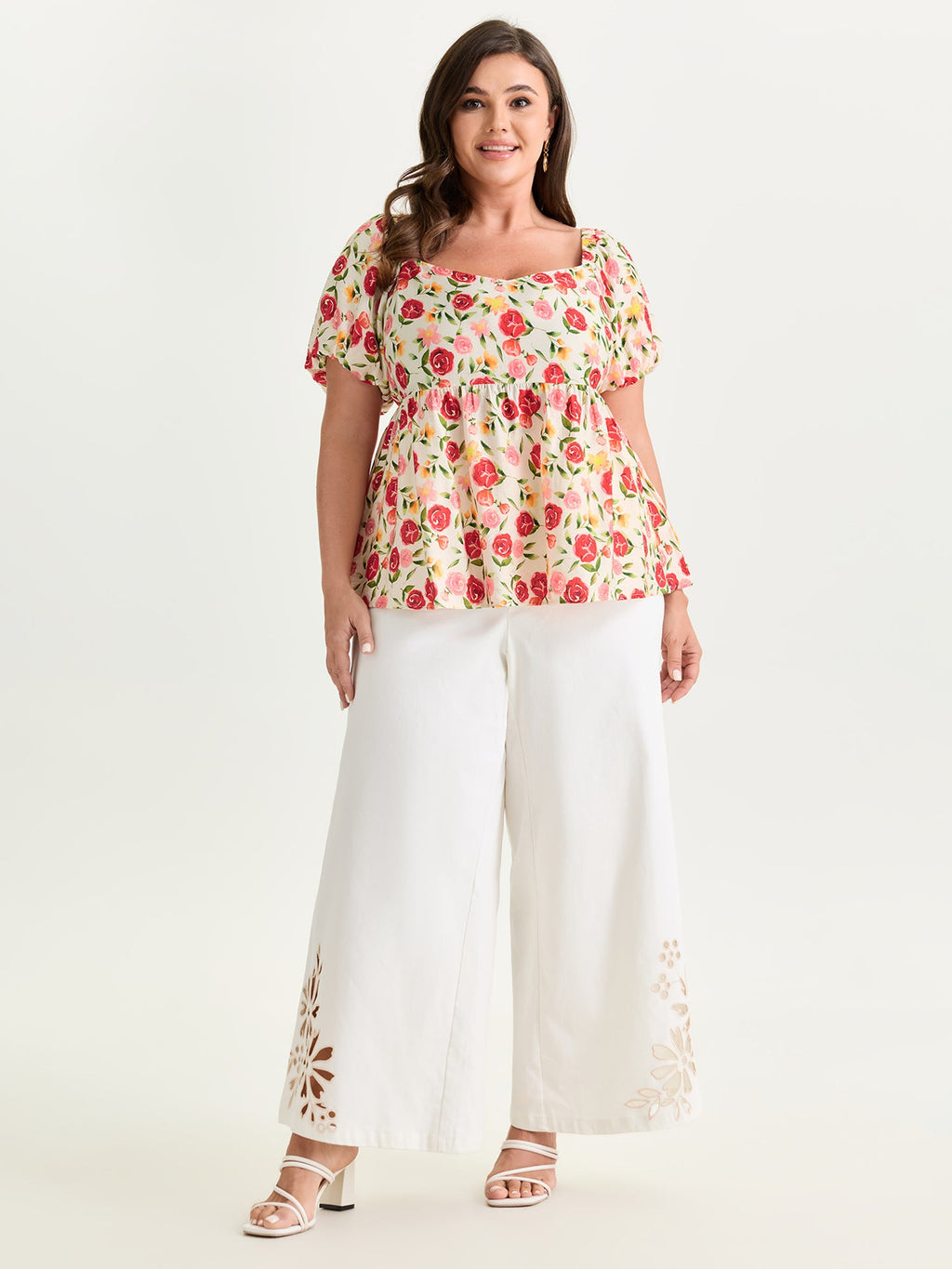 Rose Print Bubble Sleeve Babydoll Blouse