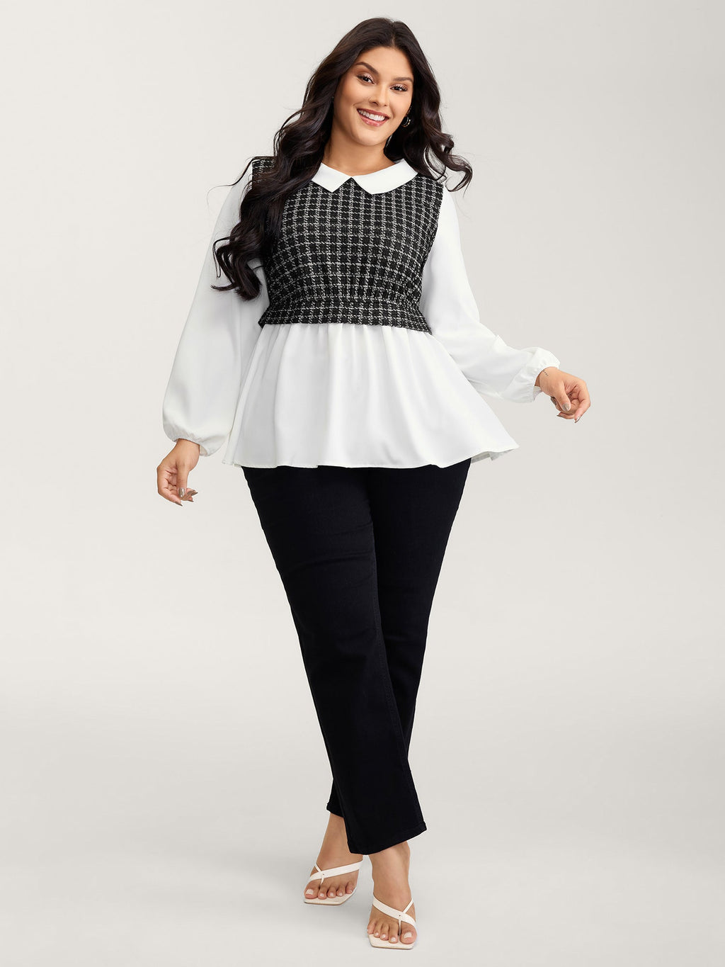 Houndstooth Pattern Color Contrast Blouse