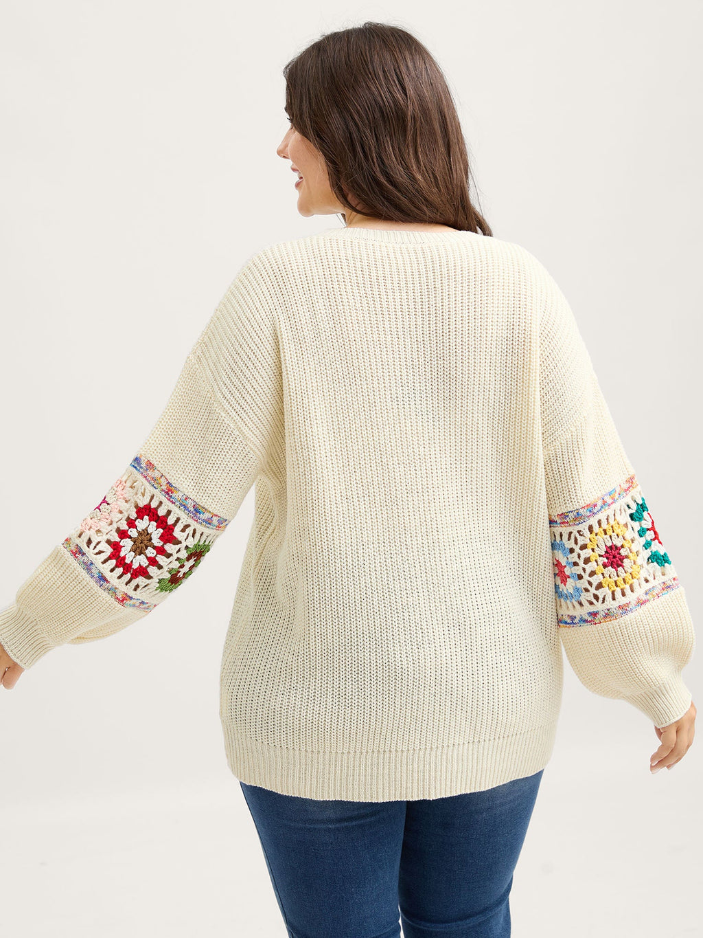 Crochet Floral Sleeve Lace Trim Pullover