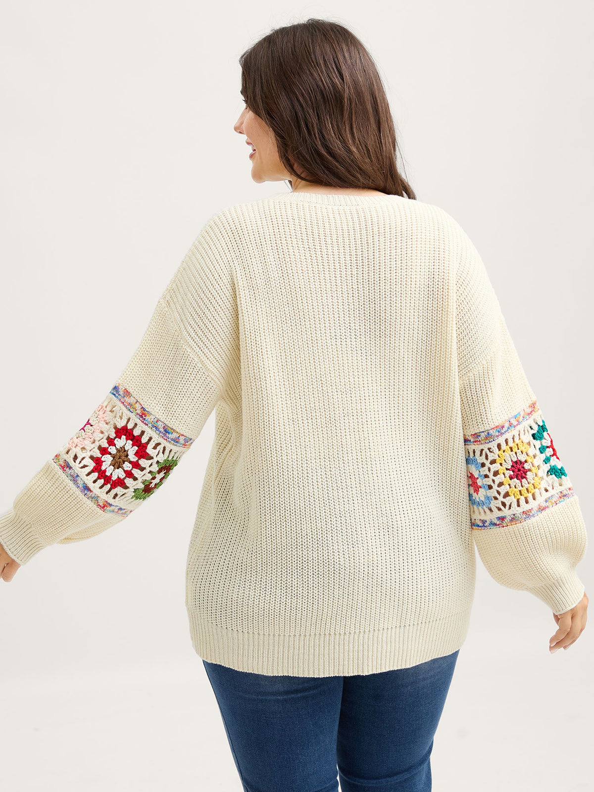 Crochet Floral Sleeve Lace Trim Pullover
