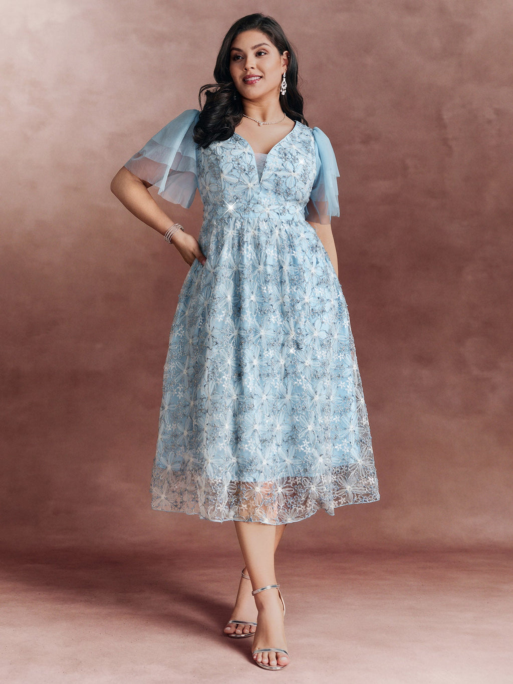 Floral Mesh Embroidered Lotus Leaf Sleeve Midi Dress
