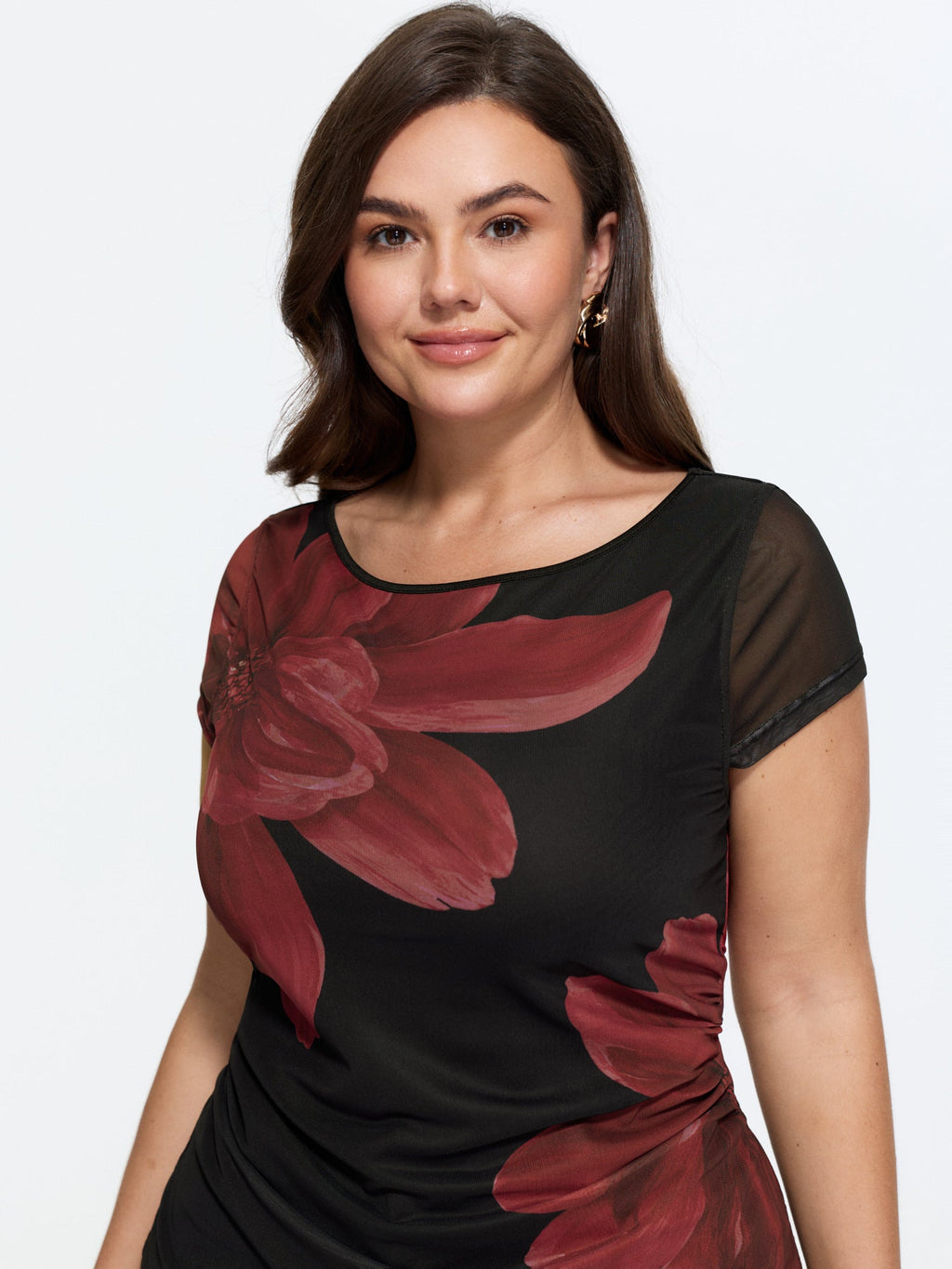 Floral Print Boat Neckline Fitted T-Shirt