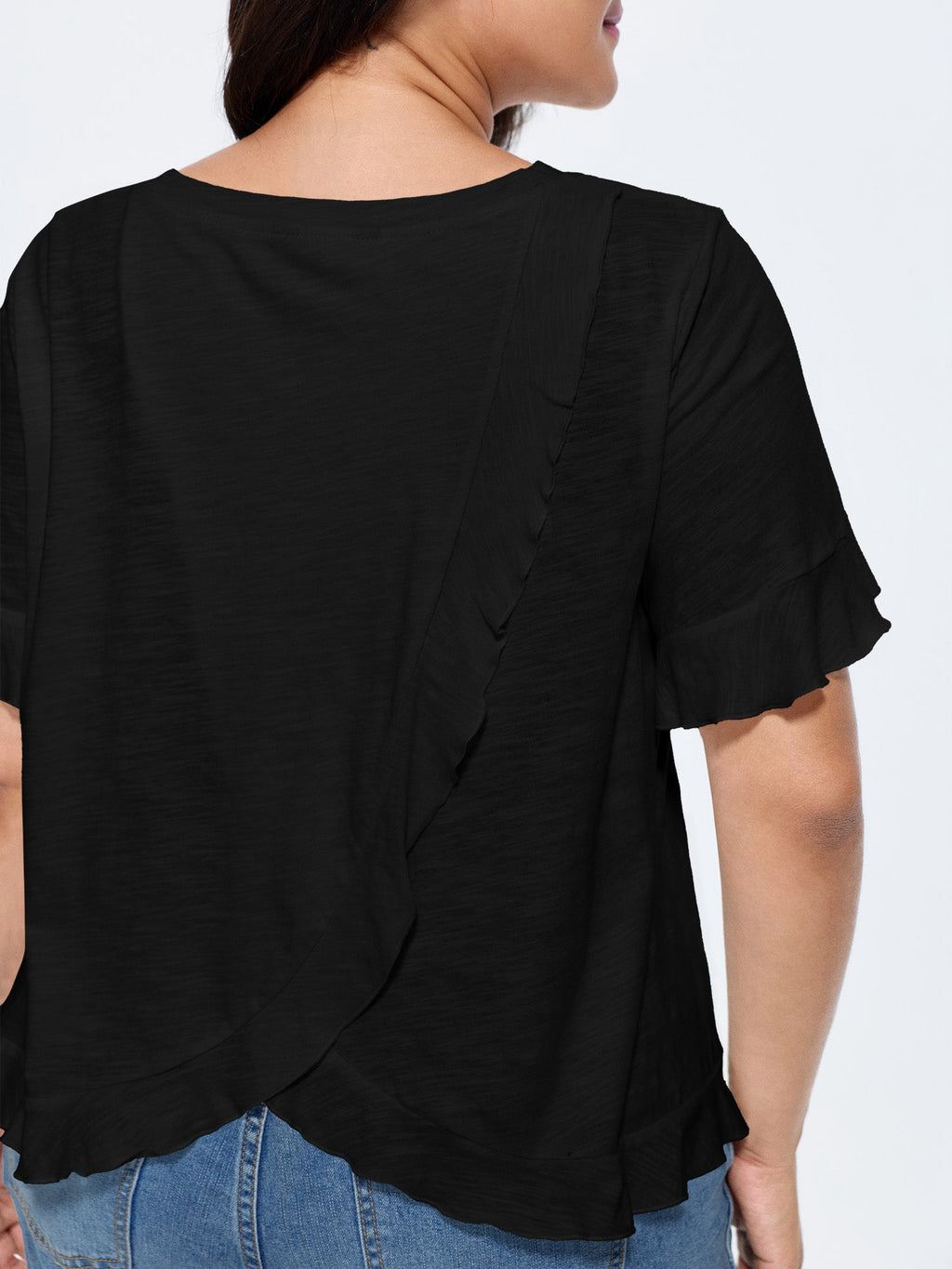 Cotton Overlap Back Sheer Ruffled T-Shirt