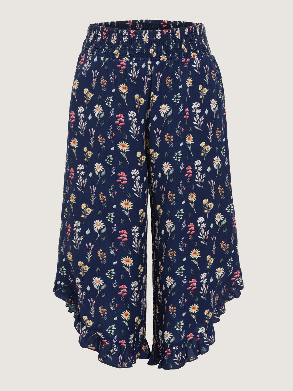 Colorful Floral Print Shirred Waist Ruffled Pants
